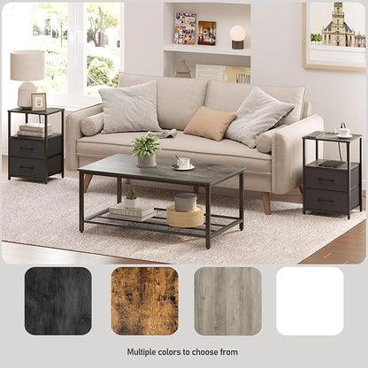 TUTOTAK LED End Table with Charging Station, Nightstand with Cloth Drawer, Side Table with 1 USB Port and 1 Type-C Port, Set of 2, Couch Table, Charcoal Grey TB01BY052L