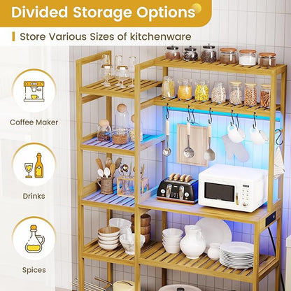 Bakers Rack with Power Outlet, Coffee Bar, 10-Tier Kitchen Shelves with 8 Hooks, Microwave Stand Kitchen Rack Freestanding Utility Storage Shelf, 15.7 x 41 x 65 Inches, Bamboo