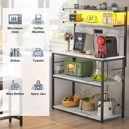 Aheaplus Bakers Rack with Power Outlet, Microwave Stand, 5 Tiers Coffee Bar Station with Led Lights, Kitchen Storage Shelf with 6 S-Shaped Hooks, Kitchen Rack Coffee Bar Stand, White Oak