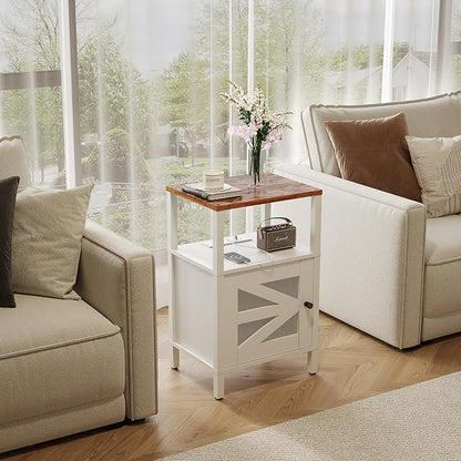 Farmhouse Nightstand with Charging Station, White Bedside Table with USB&Type-C Ports and Outlets, End Table with Storage, Acrylic Door, for Bedroom, White and Rustic Brown ETRW97E01
