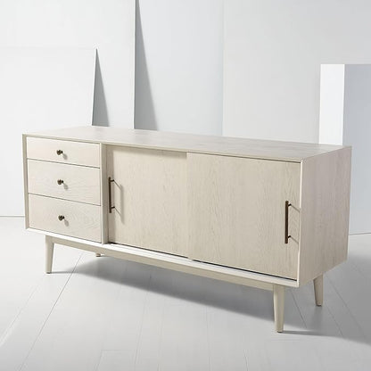 SAFAVIEH Couture Collection Tomas Mid-Century White Washed 3-Drawer Sliding Door Entertainment Media Stand (Fits up to a 65" Flatscreen TV)