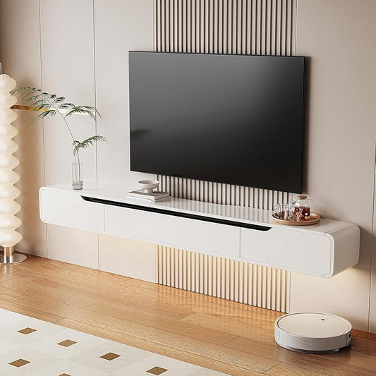 High Gloss Floating TV Stand with 3 Doors,86'' Wall Mounted TV Cabinet,Under TV Console,Floating Media Shelft for Bedroom Living Room(White)