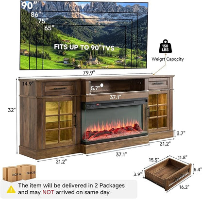 ROCKPOINT 3 Sided Glass 80" Fireplace TV Stand for TVs up to 90",Entertainment Center with Drawers and Glass Door Storage Cabinet for Living Room,36"Electric Fireplace & Adjustable LED Light ,Espresso