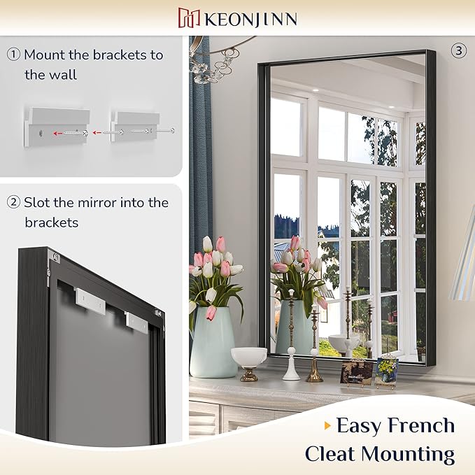 Keonjinn Black Bathroom Mirror for Over Sink 16 x 24 Inch Small Rectangle Vanity Mirror Metal Framed Mirror Brushed Black Wall Mount Modern Farmhouse Bathroom Mirror(Horizontal/Vertical)