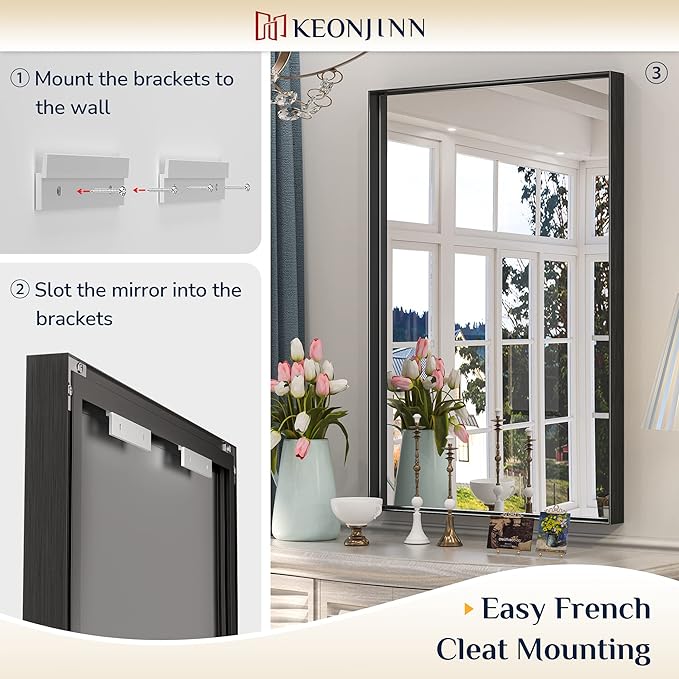 Keonjinn Black Mirror for Wall 24 x 32 Inch Rectangle Bathroom Vanity Mirror for Over Sink Metal Framed Farmhouse Mirror Square Corner Brushed Rectangular Mirror for Bathroom Sink(Horizontal/Vertical)