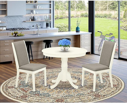 East West Furniture ANLA3-LWH-06 3 Piece Kitchen Table Set for Small Spaces Contains a Round Dining Table with Pedestal and 2 Shitake Linen Fabric Upholstered Chairs, 36x36 Inch, Linen White