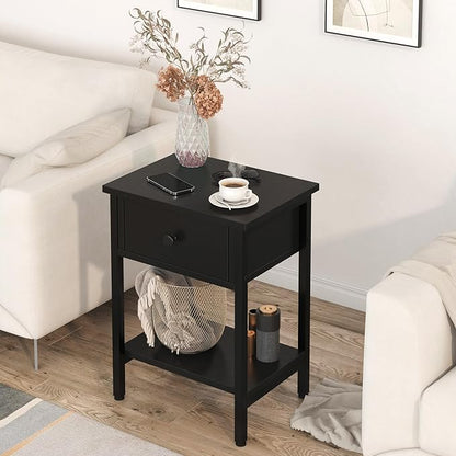 Nightstands Set of 2 with Drawers, Bedside Table Set of 2 with Storage Shelf, Heavy Duty End Side Table for Living Room Bedroom Small Space Sofa Couch, Wood Metal Night Stand, Easy to Assemble, Black