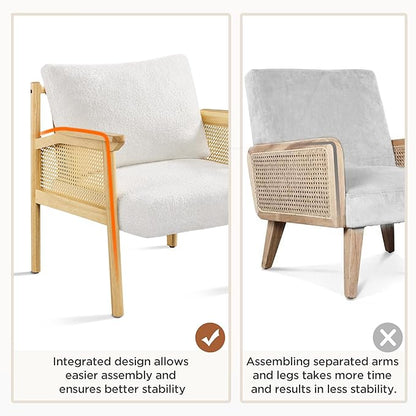 Yaheetech Accent Boucle Vanity Chair with Rattan Back Arms, Mid Century Upholstered Living Room Lounge Chair Bedroom Balcony White 2 PCS