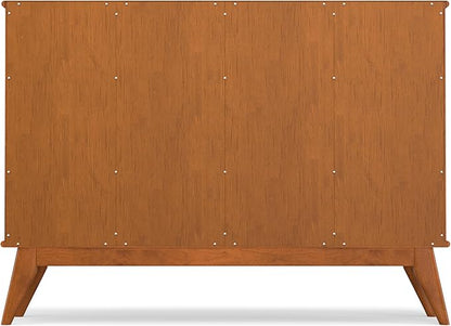 SIMPLIHOME Draper Console Table - 57 Inch Wide Solid Hardwood 8-Cube Sofa Table in Teak Brown, Mid-Century Modern Bookcase for Entryway or Living Room with 8 Open Storage Cubbies and Tapered Legs