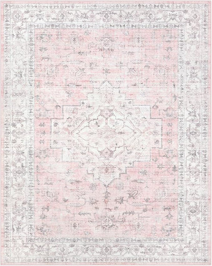 LIVEBOX Pink 8x10 Area Rug for Bedroom Girls, Boho Washable Rugs for Living Room Nursery, Non-Slip Indoor Soft Carpet Low-Pile Farmhouse Carpets for Dining Room Kids Playroom, Pink