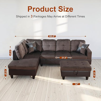 Osparple L Shaped Couch Sectional Couches for Living Room Upholstered Flannel 3 Pieces Modular Sectional Sofa with Chaise, Ottoman with Storage for Living Room and Small Apartment, Deep Brown