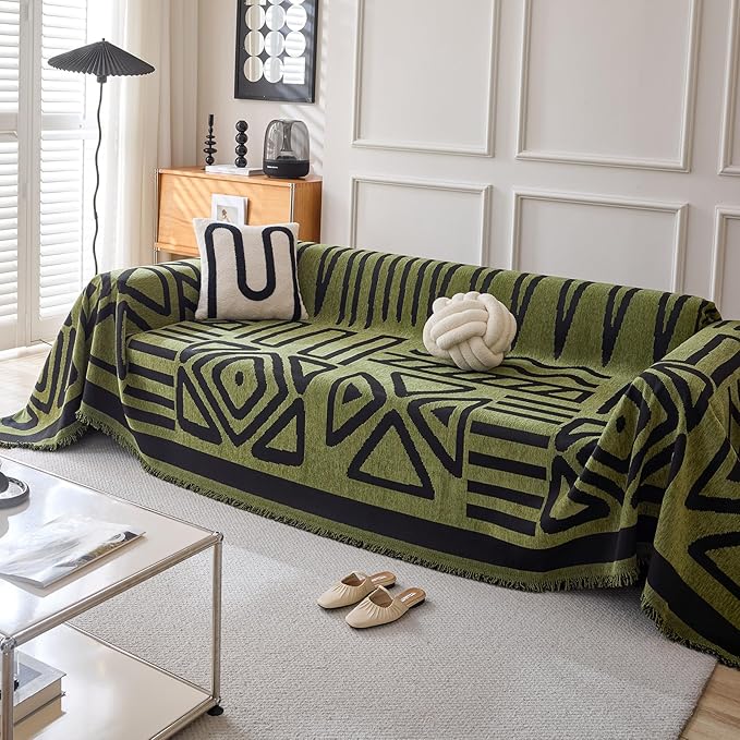 HANDONTIME Boho Geometric Couch Covers for Sofa Pet Friendly Avocado and Black Sofa Covers Washable Chenille Couch Blanket Cover for 2 3 Cushion Couches Pet Protector Furniture Cover Soft, 71" X 118"