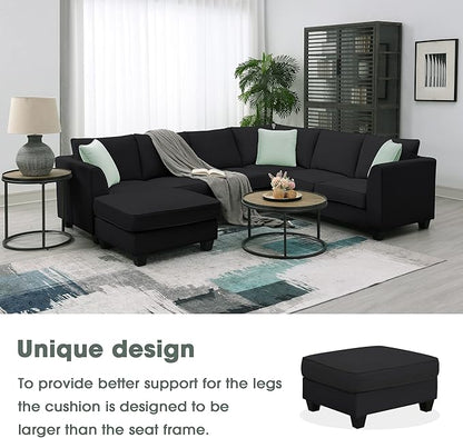 112" Upholstered Sectional Sofa Sets with Removable Ottoman, 7- Seater Modular Corner Couch with 3 Pillows for Livingroom, Office,Black