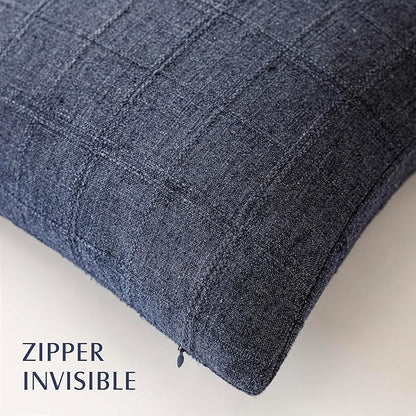 Foindtower Set of 2 Decorative Linen Check Throw Pillow Covers Neutral Farmhouse Vintage Cushion Covers Modern Boho Home Decor for Sofa Chair Couch Bedroom Living Room Outdoor,22×22 Inch,Navy Blue