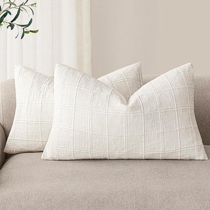 Foindtower Set of 2 Decorative Linen Check Throw Pillow Covers Neutral Farmhouse Lumbar Cushion Covers Modern Boho Home Decor for Sofa Chair Couch Bedroom Living Room Outdoor,12×20 Inch,Cream White