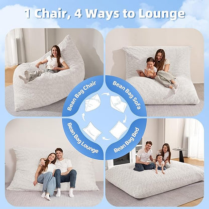 HABUTWAY 4 in 1 Bean Bag Chair, Giant Memory Foam Filling Bean Bag Sofa, Adult Bean Bag Chair, Machine Washable Faux Fur Cover, Bean Bag for Adult (White)
