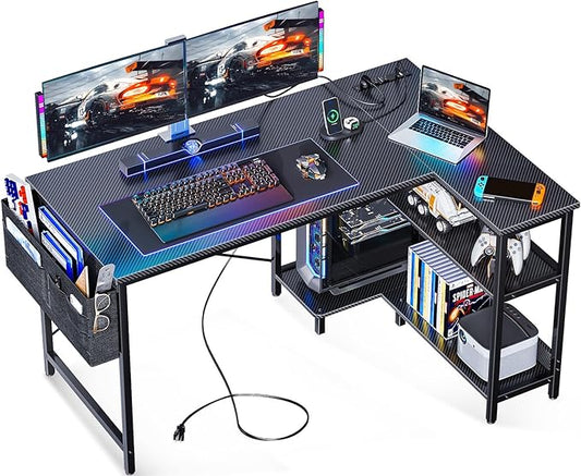 ODK 48 Inch Small L Shaped Gaming Computer Desk with Power Outlets, Corner Desk with Reversible Storage Shelves & PC Stand for Small Space, Modern Simple Home Office Table, Carbon Fiber Surface, Black