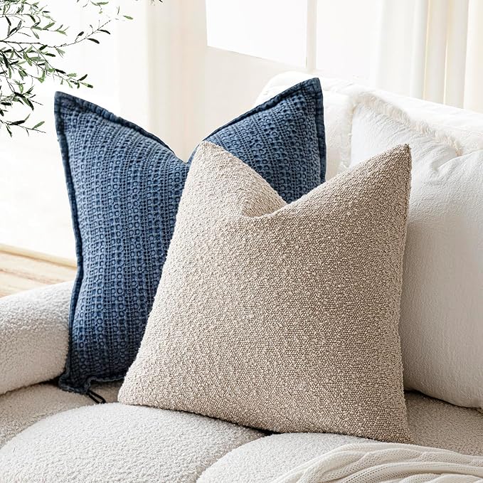Foindtower Set of 2, Decorative Textured Boucle Throw Pillow Covers Accent Solid Pillow Cases Neutral Soft Cozy Couch Cushion Case for Chair Sofa Bedroom Living Room Home Decor 16 x 16 Inch,Oatmeal