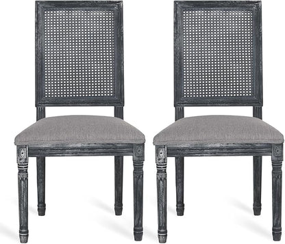 Merax Upholstered Solid Wood Dining Chairs Set of 2, French Country Style Accent Side Seating Furniture for Kitchen, Living Room, Wicker Back, Grey
