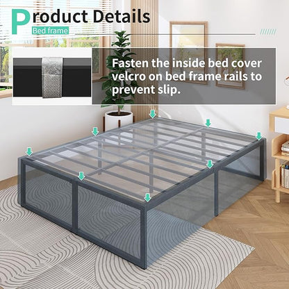 18 Inch Full Size Bed Frame with Storage Bed Cover Skirt, Heavy Duty Metal Full Platform Bed Frame No Box Spring Needed, Easy Assembly, Noise Free, Black and Blue