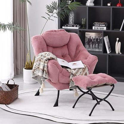 Lazy Chair with Folding Ottoman, Modern Accent Lounge Armchair with Armrests and a Side Pocket & Foldable Footstool, Leisure Reading Chair for Living Room, Bedroom & Dorm, Plush Dark Pink