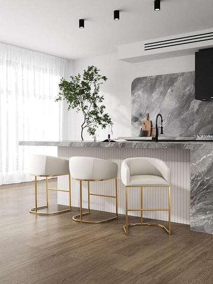 Manhattan Comfort Louvre 30 Inch Mid Century Modern Counter Height Bar Stools - Elegant Faux Leather Padded Seat, Stainless Steel Base with Footrest, Fully Assembled Barstools, Set of 2, Cream