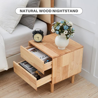 Uniclinens Nightstand with 2 Drawers Storage, 19" Modern Solid Rubberwood Bedside Table for Bedroom, Sofa Side Table End Tables Living Room, Natural