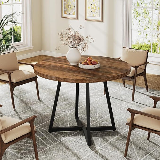 Tribesigns Round Dining Table for 2, 31.5" Industrial Dinner Table with Metal Base, Kitchen Table for Dining Room, Small Space, Apartment, Rustic Brown & Black