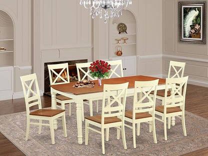 East West Furniture DOQU9-WHI-W 9 Piece Dining Set Includes a Rectangle Dining Room Table with Butterfly Leaf and 8 Kitchen Chairs, 42x78 Inch, Buttermilk & Cherry