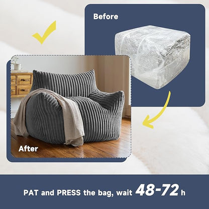 Oversized Bean Bag Chair for Adults, Giant Comfy Plush Boneless Bean Bag Couch with Filler for Kids - Reading Chair for Living Room, Bedroom & Dorm, Single Accent Chair Floor Lounger, Gray