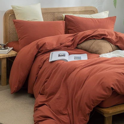 BESTOUCH Duvet Cover Set 100% Washed Cotton Linen Feel Super Soft Comfortable Chic Lightweight 3 PCs Home Bedding Set Solid Crimson Red Full/Double