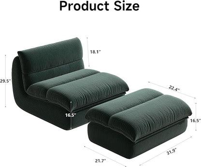 Bean Bag Chair with Ottoman, Cozy Comfy Reading Nook Chairs, Ultra Soft Corduroy Fabric Bean Bag Chairs for Adults, Reading Chair with Ottoman for Living Room, Bedroom Apartment (Green)