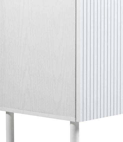 Sango Merk 2-Door Cabinet, Modern White Storage Cabinet with Vertical Groove Doors, Adjustable Shelf, Cylindrical Wood Legs, Discreet Metal Finger Pulls, Stylish Furniture for Living or Dining Room