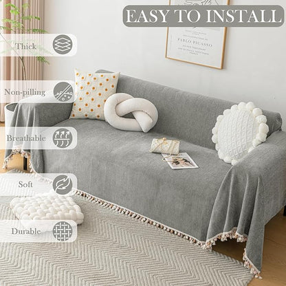 HANDONTIME Couch Slipcovers for Sofas - Dark Grey Boho Pet Couch Protector with Tassel - Chenille Herringbone 3 Seat Cover, 91" X150