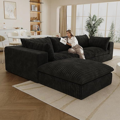 118.2" L Shaped Modular Sectional Cloud Couch with Ottoman, Plush Corduroy Upholstered Compression Sofa, 4-Seat Deep Seat Boneless Sofa Couches with Throw Pillow