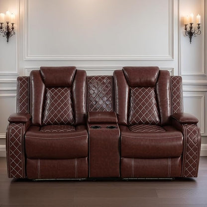 Loveseat Recliner Sofa, Reclining Loveseat Leather Couch with Storage Console, Modern Comfy Home Theater Seating Power Recliner Chair with Cup Holders for Living Room Furniture Sets, Red