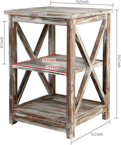MyGift 24 Inch Tall End Table, Rustic Torched Solid Wood Living Room Accent Side Table with 3 Tier Display Shelf, Wooden X Design Bedroom Nightstand Square Storage Shelves