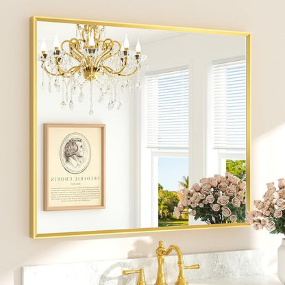 TETOTE Brushed Gold Frame Mirror for Bathroom Wall 42" x 36" Brushed Brass Beveled Rectangle Bathroom Vanity Mirror for Over Sink, Bedroom, Entryway, Living Room, Tempered Glass, Stronger Frame