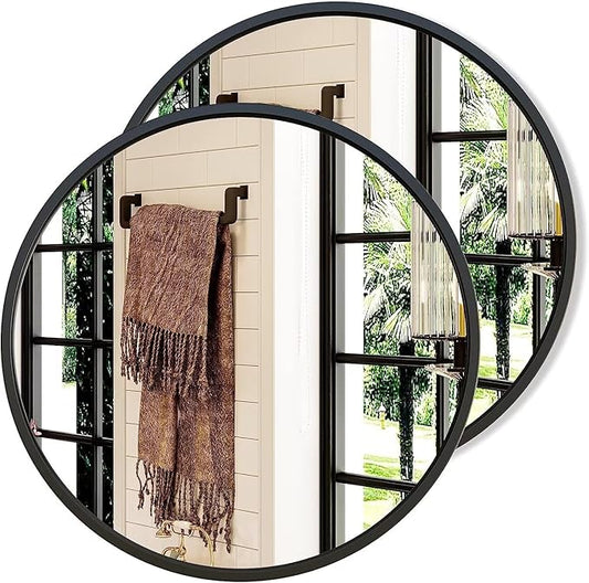 Growsun 28'' Black Round Mirror for Bathroom, Circle Bathroom Mirror for Wall, Entryway Living Room with Metal Frame for Home Decor, 2 Pack