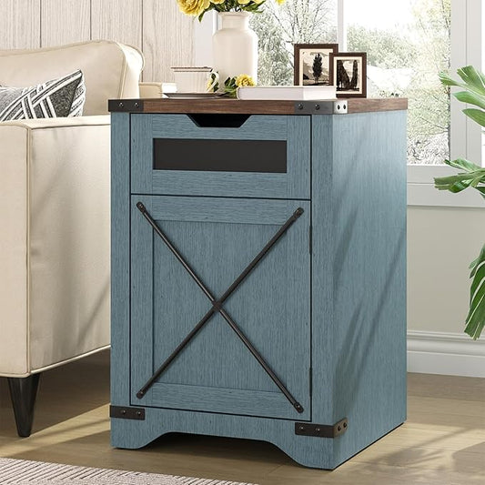 Farmhouse End Table with Charging Station, 26.4" Tall Rustic Nightstand with Drawer and X Barn Door, Country Bedside Sofa Side Table for Living Room, Blue