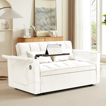 Ball & Cast 55" 3 in 1 Sleeper Sofa Bed Velvet Upholstered Pull Out Couch with Adjustable Back & 2 Pillows,Convertible Futon Sofa Bed W/Hidden Side Table,Side Pocket & USB Port,for Living Room,Beige