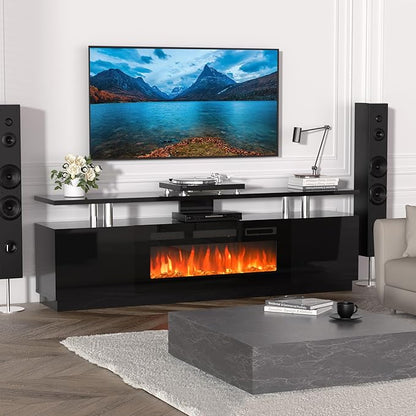 70'' Fireplace TV Stand with 36'' Firplace, Entertainment Center, 2 Tier TV Console Cabinet with Storage Cabinet, Electric Fireplace Heater with 12 Frame and LED Light Colors, Black