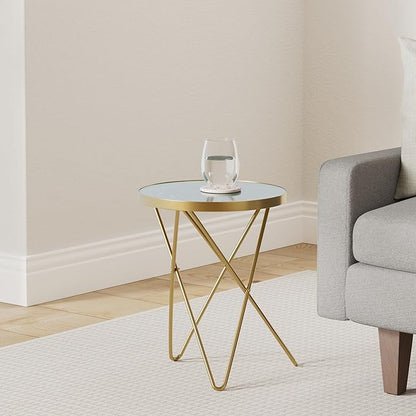 HLR Modern Round Side Table Set of 2, End Table with Marble Effect Top and Gold Metal Frame, Small Side Table for Living Room, Bedroom, Sofa and Couch, Gold Legs, Green Marble top