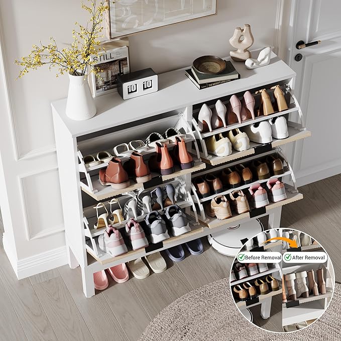 GarveeHome Fluted Shoe Storage Cabinet with 4 Flip Drawers, Narrow Wooden Shoe Organizer with Metal Legs, Modern Farmhouse Hidden Shoe Rack for Entryway, Hallway, White+Oak