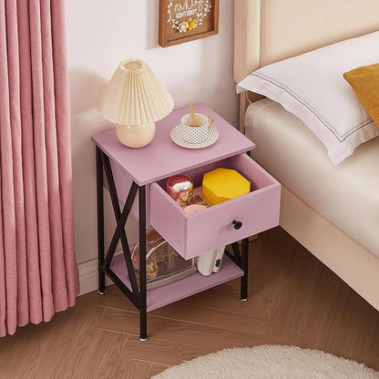 VECELO Nightstands Set of 2, Modern Bedside End Tables, Night Stands with Drawer and Storage Shelf for Living Room Bedroom, Industrial Metal Frame