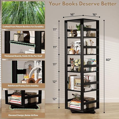 Homykic Rotating Bookshelf, Bamboo 360 Display Spinning Bookshelf Tower, 5-Tier Small Corner Bookcase for Small Spaces, Narrow Revolving Book Shelf Organizer Rack for Home Office, Black