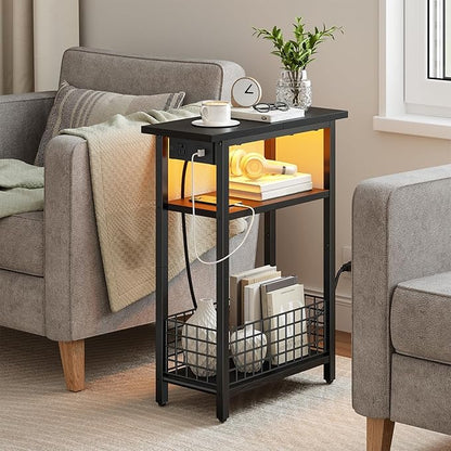 HOOBRO Narrow Side Table with Charging Station and LED Light, Small End Table with Storage, Skinny Nightstand with USB Port, Slim Bedside Table for Small Spaces, Living Room, Black BB242UDBZ01