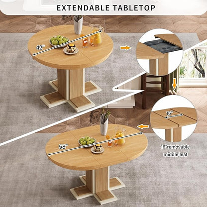 Mid-Century Modern Extendable Round Table with 16" Removable Leaf, Expandable Circular to Oval (42" to 58") Solid Wood Tabletop with Cross Design Trestle Legs for Kitchen Dining/Living Room