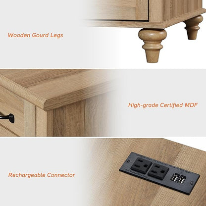 WAMPAT Oak Night Stand with 2 Drawers, Wooden Sofa Side Table with Charging Station, Farmhouse End Table for Living Room, Retro Nightstand Bedside Table for Bedroom