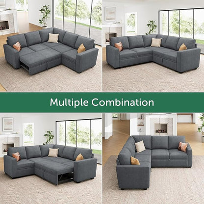 HONBAY Modular Sectional Sleeper Sofa with Pull Out Bed, Chenille L Shaped Couch with Storage Seats, Convertible Sectional Couches for Living Room, Bluish Grey